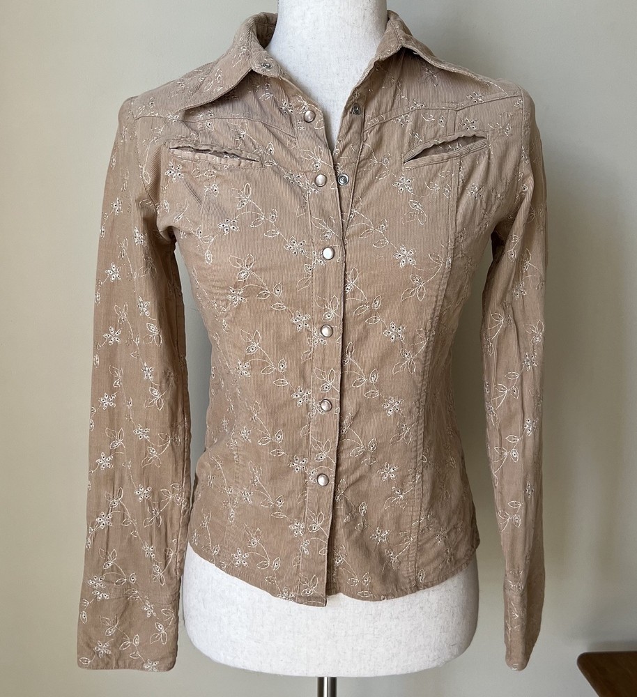 VTG Y2K Womens Corduroy Shirt Button Up Pearl Snaps Embroidery Rodeo Western S