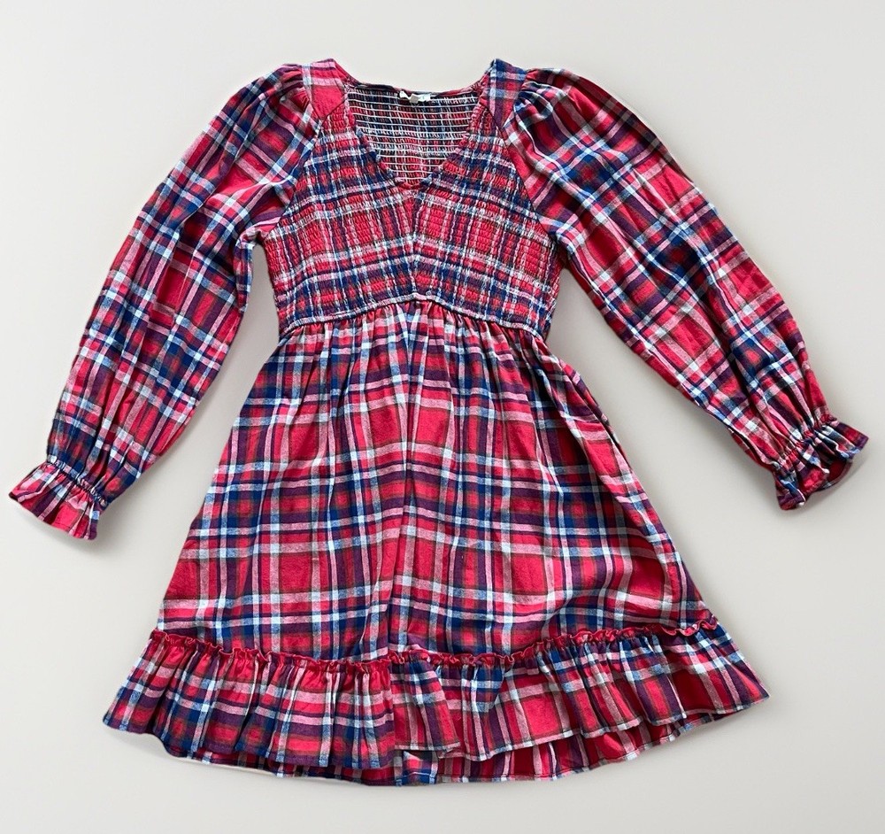 Jodifl Small Smocked Mini Dress Red Plaid Long Sleeve Ruffle Country Western