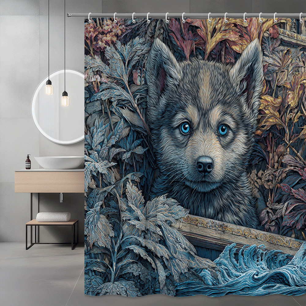 Wolf Shower Curtain Floral Forest Art Print Blue Gray