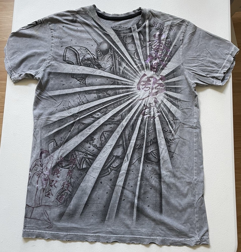 VTG Affliction Mens Gray T Shirt Heroes Demons Horiyashi Sz XL Made USA Cotton