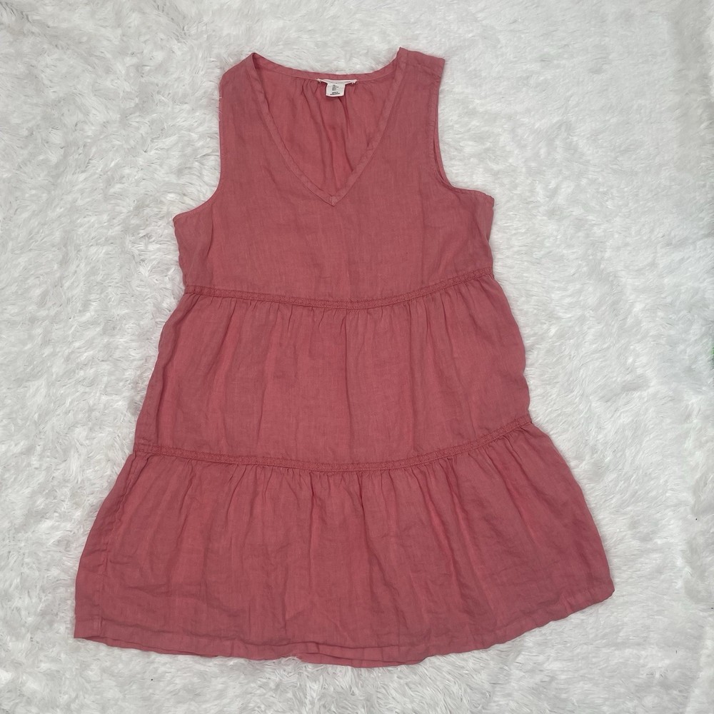 Lucky Brand Womens Large 100% Linen Pink Relaxed Tiered Boho Feminine Mini Dress