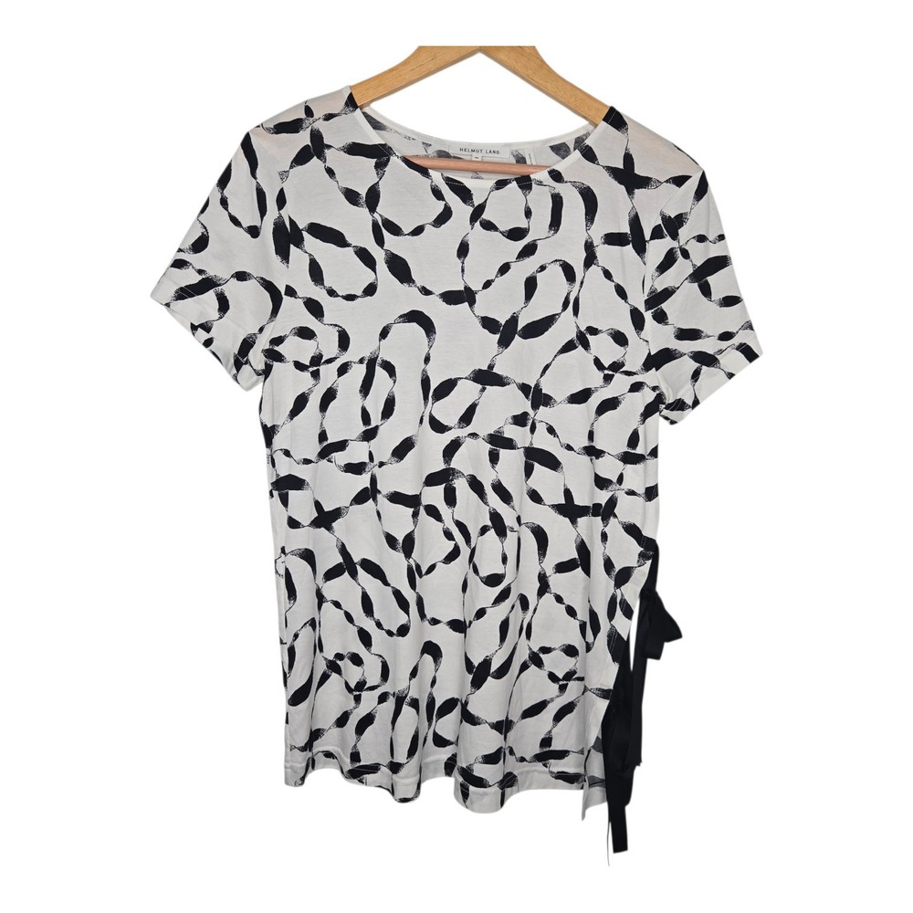 Helmut Lang Womens Black Abstract Print Short Sleeve Side Tie Bow Blouse Medium