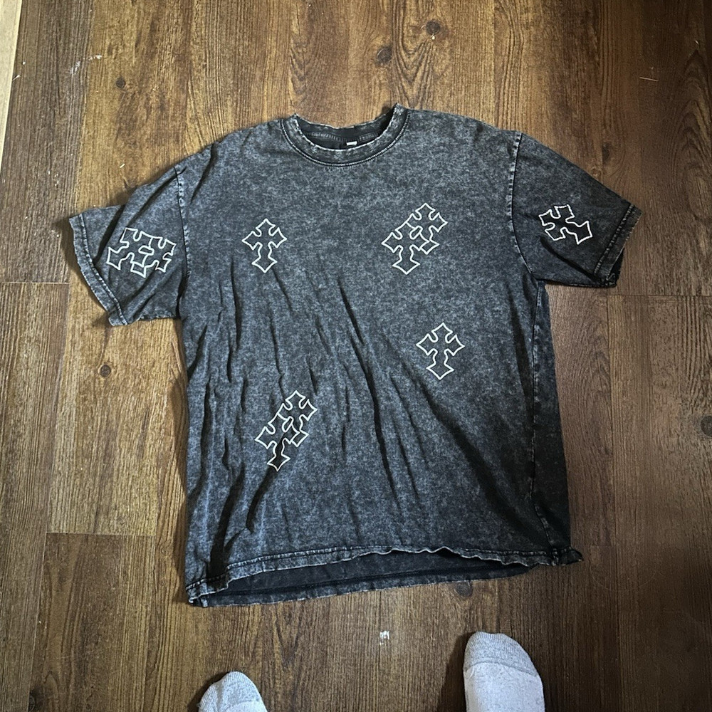 Men's Graphic Print Black Gray Crew Neck Short Sleeve Knit T-Shirt Size L