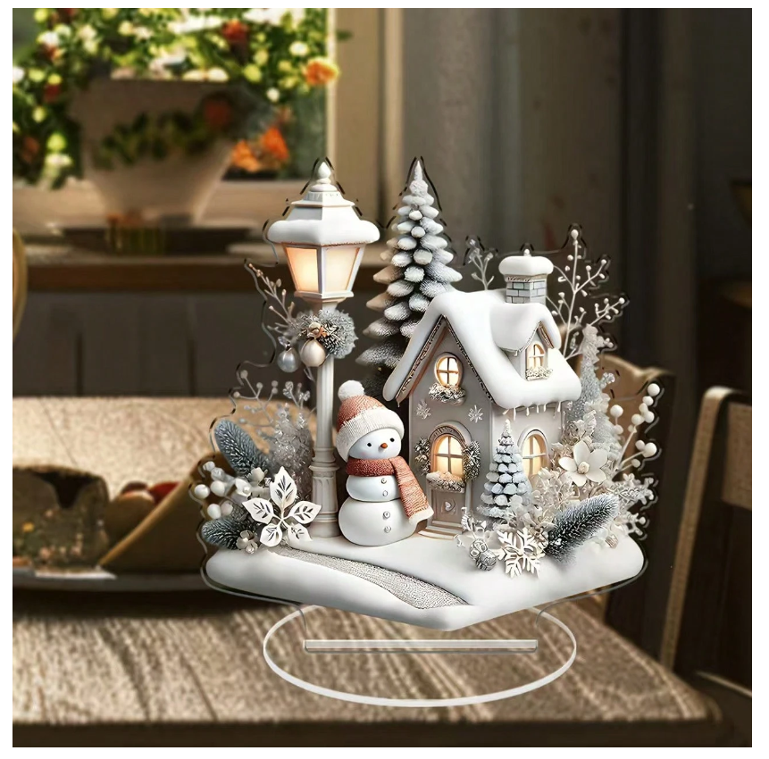Acrylic Snowman House Tabletop Decor, 7.09 X 6.69 Inches, Classic Multi-Use Snow