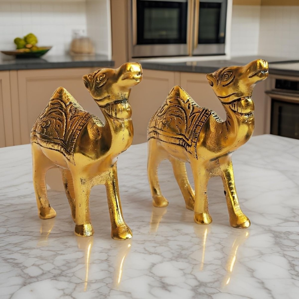 Metal Camel Showpiece Set For Home Decor Office (Golden_3x3 Inch) Pack of 2