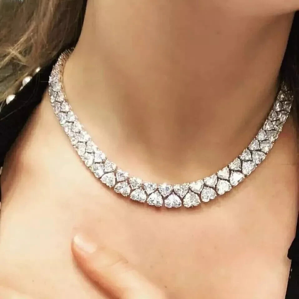 30Ct Heart Cut Lab Created Diamond Women's Tennis Necklace 14K White Gold Plated