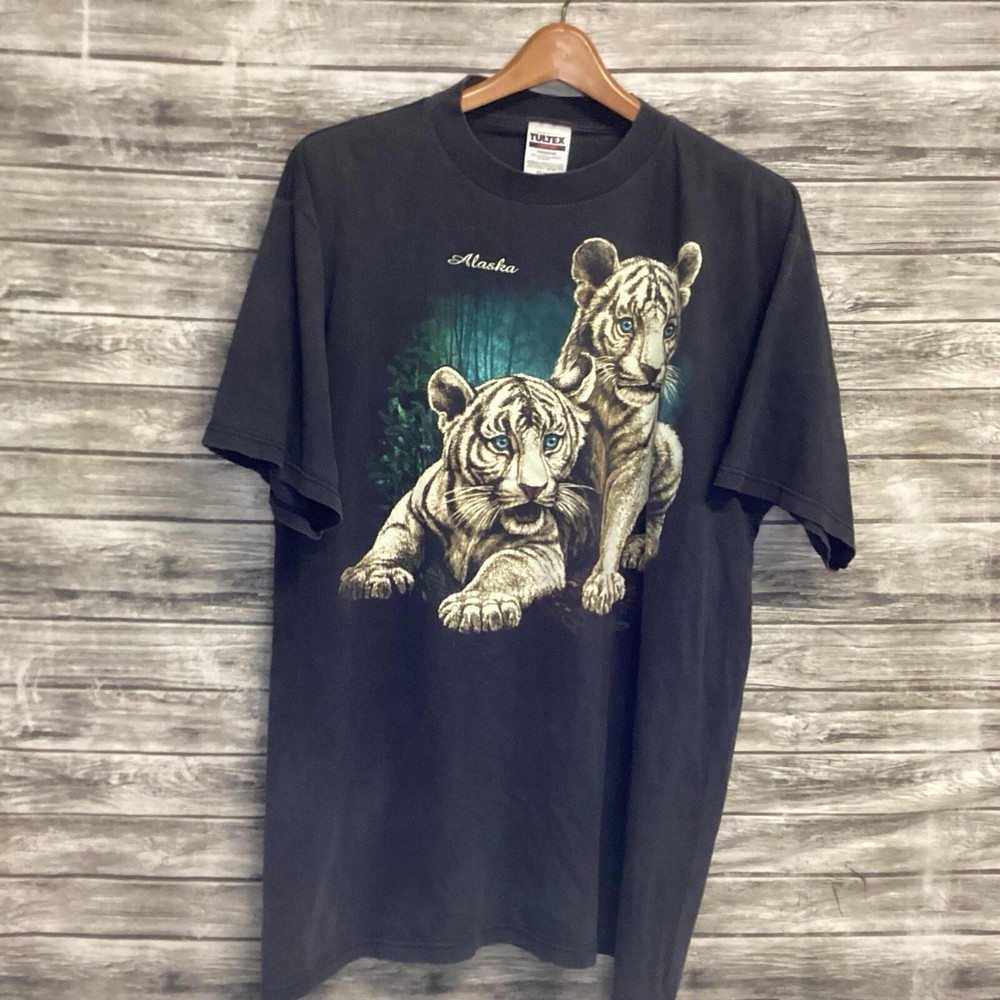 Vintage Alaska Shirt Mens XL Black TULTEX Snow Tiger Graphic Nature Tee 90s