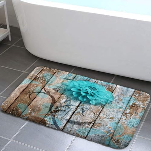 Farmhouse Floral Flower Bath Mat, Teal Dahlia Rustic Wooden Plank Country Barn