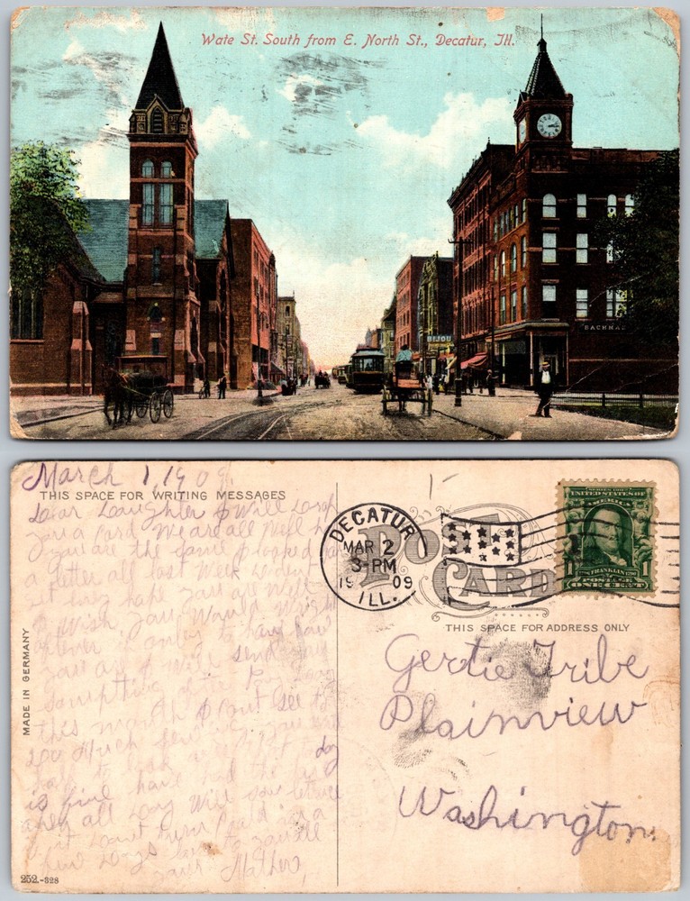 Decatur Illinois Postcard - View of Water Street from East North Street