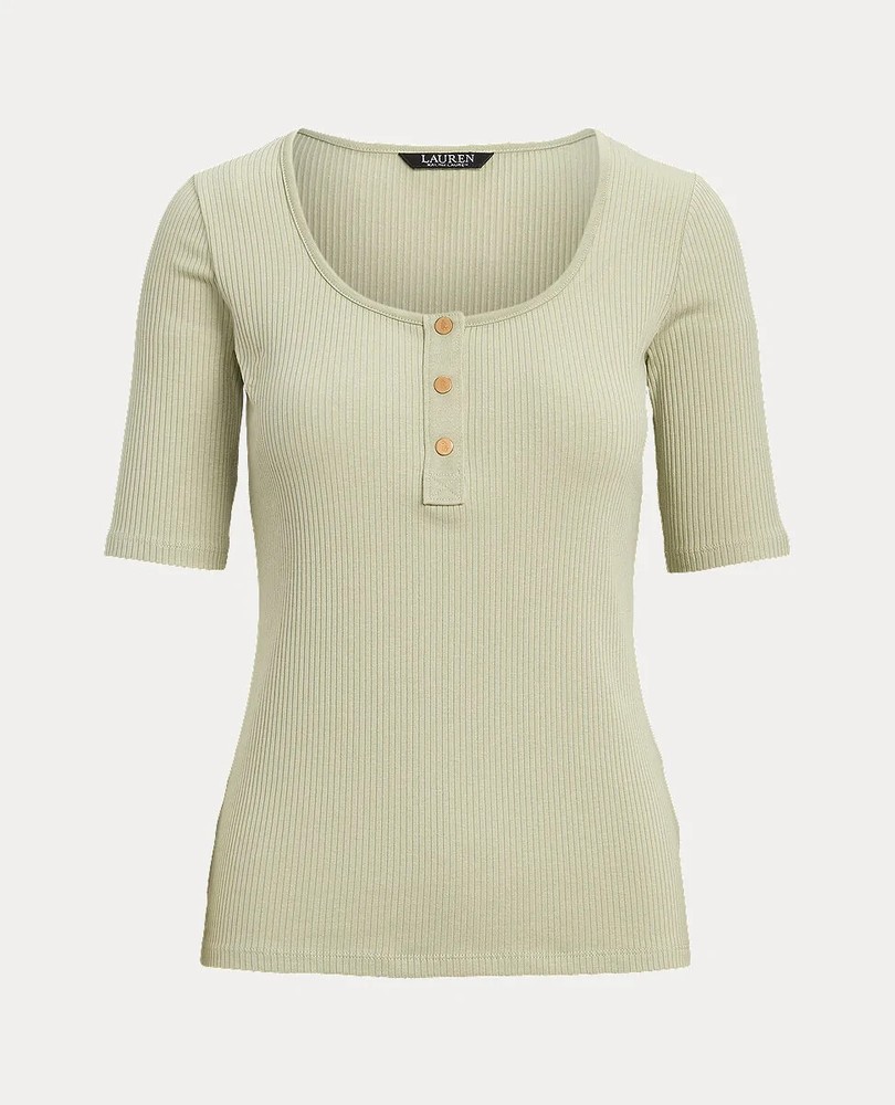LAUREN RALPH LAUREN NWT Elbow-Sleeve Henley Top Button Shirt Green SZ L $70