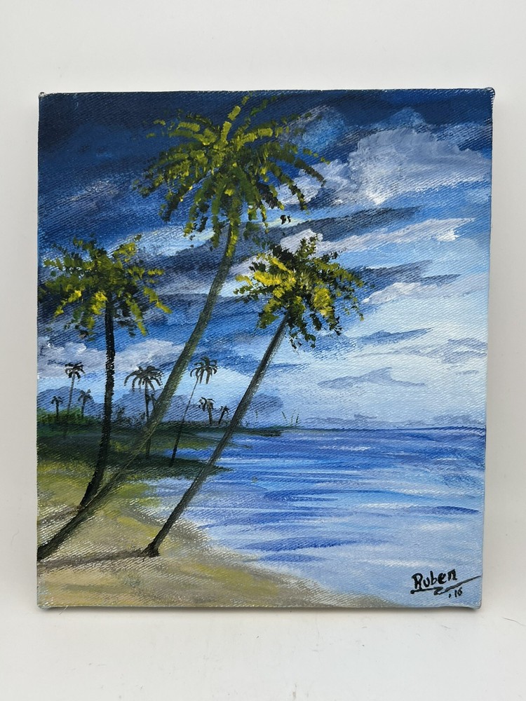 Original Art Work Acrylic Painting Tropical Landscape Palm Trees 9x8 Blue Signed