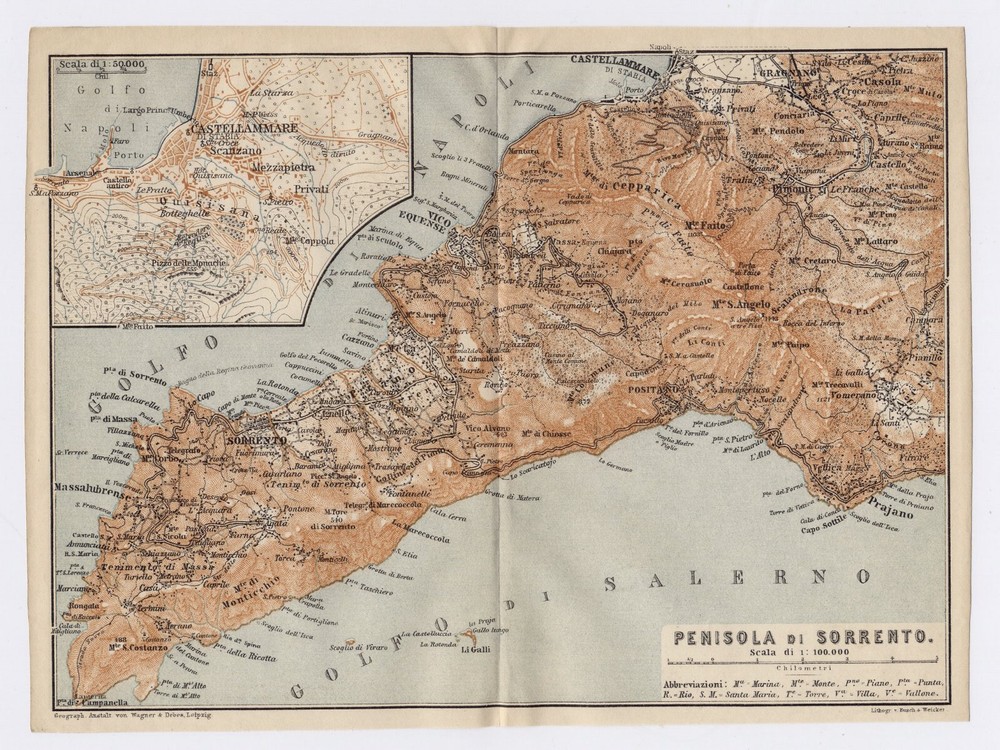 1904 Original Antique Map Of Peninsula Penisola Di Sorrento Castellammare Italy