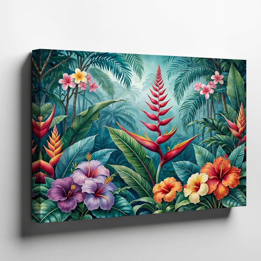 Tropical Canvas Wall Art Featuring Exotic Hibiscus Flowers and Jungle Leaves
