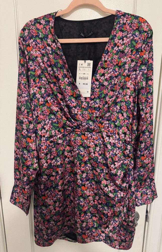 NWT ZARA L Satin Mini Wrap Style dress Abstract Floral Multicolored Long Sleeve