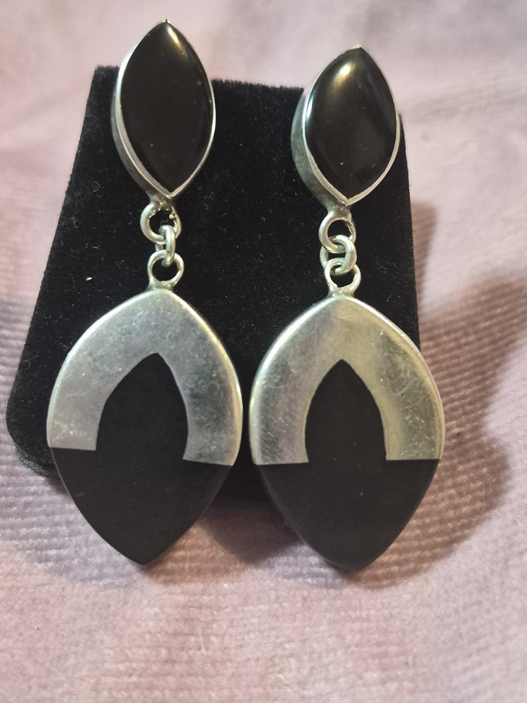 Vintage Sterling Silver Earrings 925 Mexican Marquis Drop Dangle Black Onyx Stud