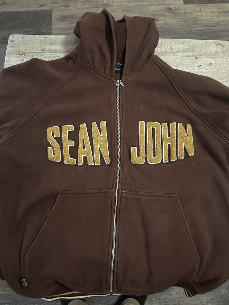 Sean John Y2K Hip Hop Brown Full Zip Hoodie with Embroidered Logo in Men's XL