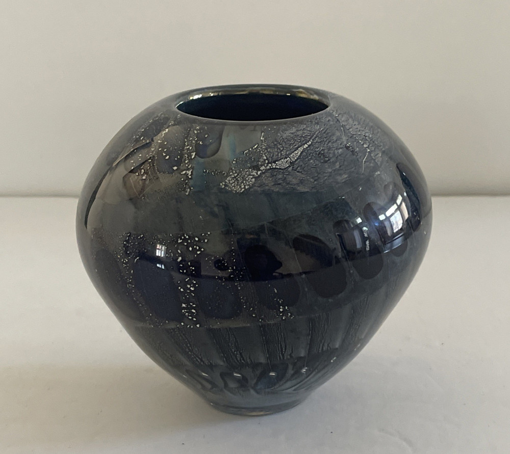 Hand Blown Multi Blue Silver Swirl Thick Art Glass Vase signed