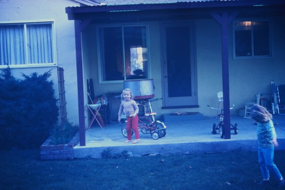 1970s Unknown Film 35mm Slide Children Playing Patio Backyard Home USA