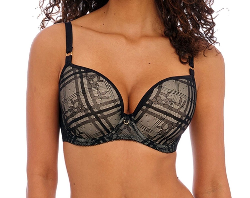 Freya Fatale Bra Noir Black Mesh Size 30F Underwired Padded Plunge Racer T-Shirt