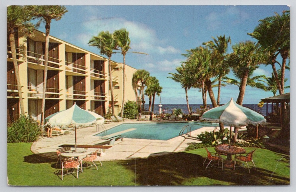 Vintage Holiday Inn Pompano Beach FL Postcard 1967 Pool Ocean View Florida