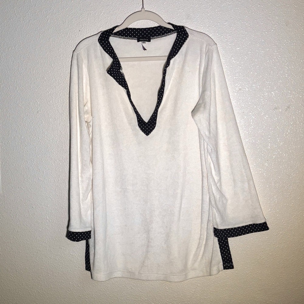 Nautica Women's V-Neck Tunic Blouse White Navy Polka Dot Trim Long Sleeve M