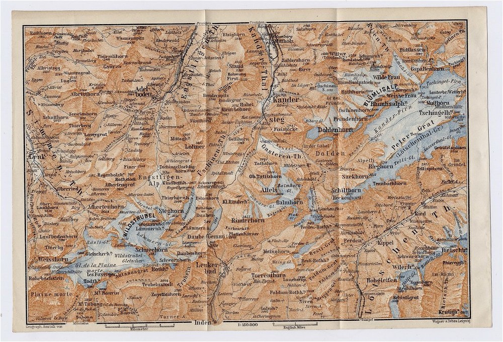 1911 Antique Map Of Vicinity Of Leukerbad Kandersteg Berner Alps Switzerland
