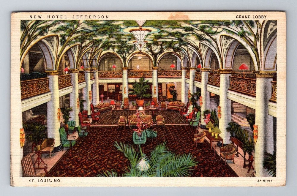 St Louis MO-Missouri, New Hotel Jefferson, Grand Lobby, Vintage c1937 Postcard