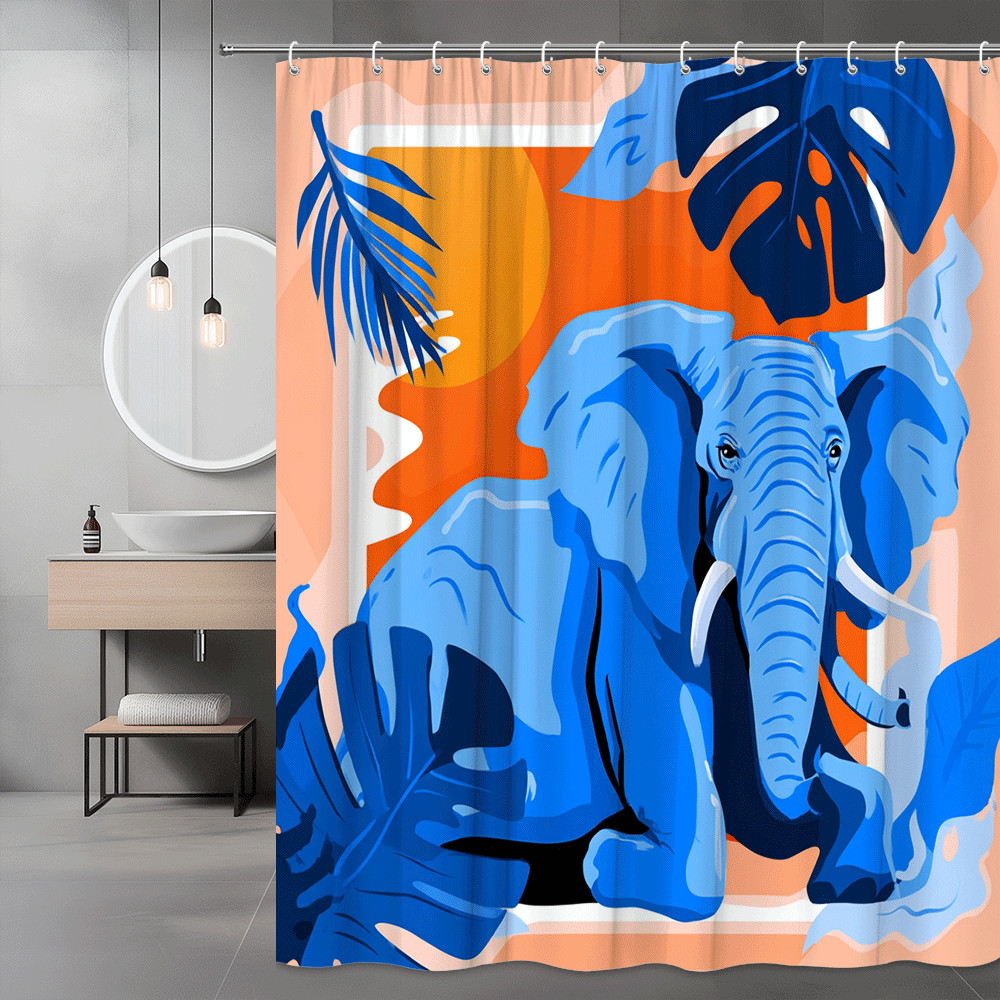 Blue Elephant Shower Curtain Tropical Leaf Sunset Print