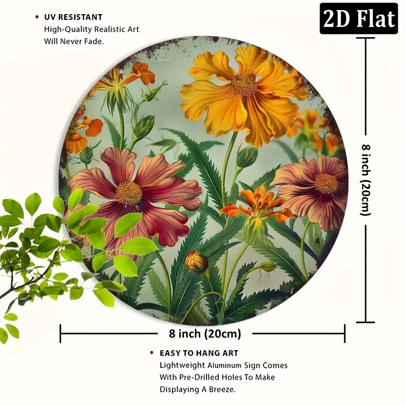 Vintage Sunflower Floral Design Round Aluminum Wall Art Sign