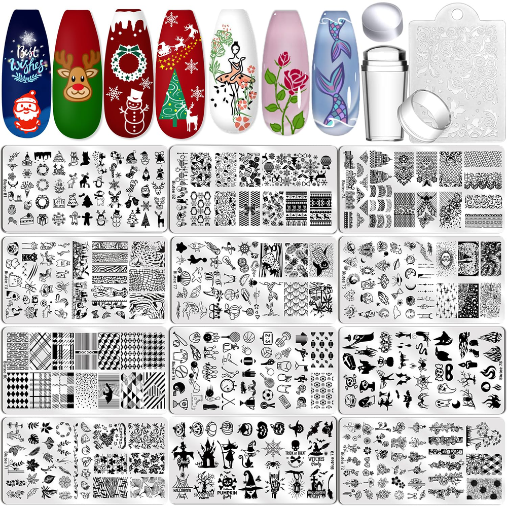 Nail Art Stamping Plate Set Nail Stamping Kit with Silicone Nail Stamper Flower