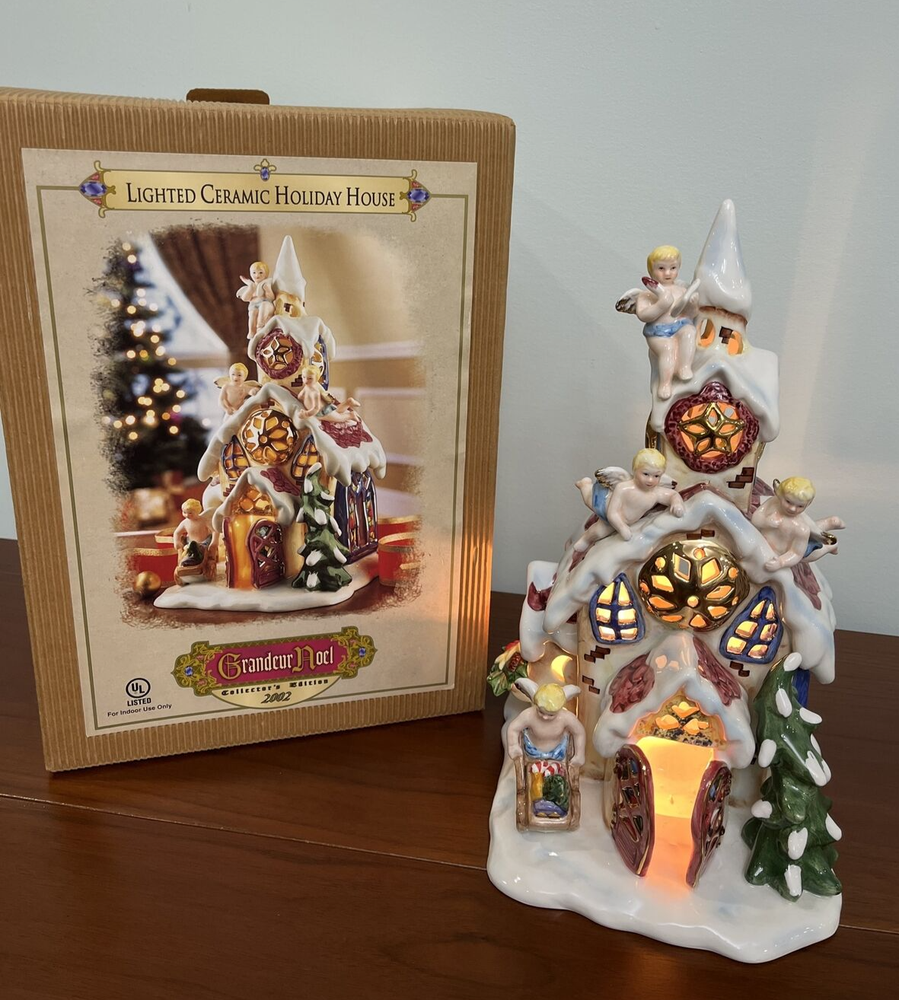 2002 Grandeur Noel Lighted Ceramic Christmas Church House with Angels