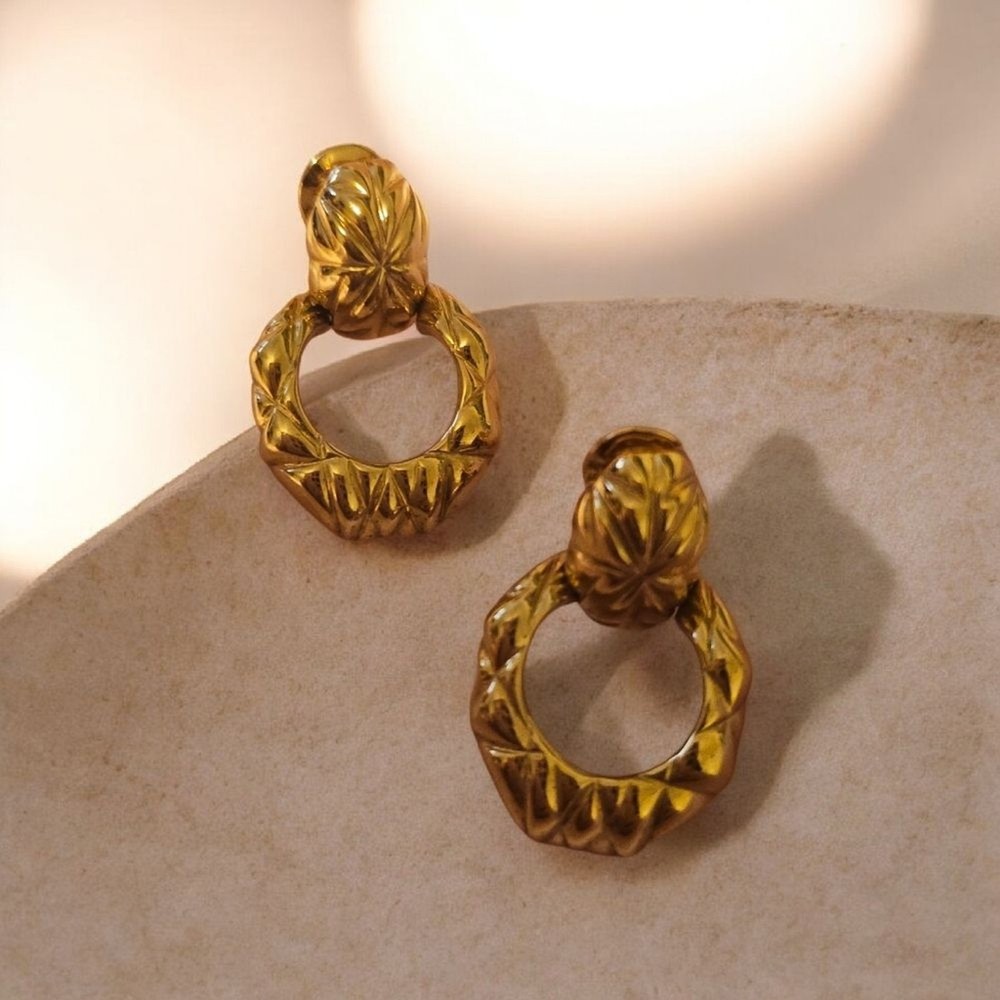 Vintage Monet Gold Tone Doorknocker Clip-On Earrings | Crinkle Texture | NOS