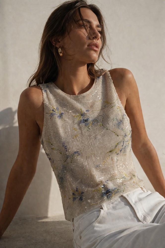ZARA Sequin Floral Crop Top Size S Sleeveless Beige Chic Party Elegant Blouse