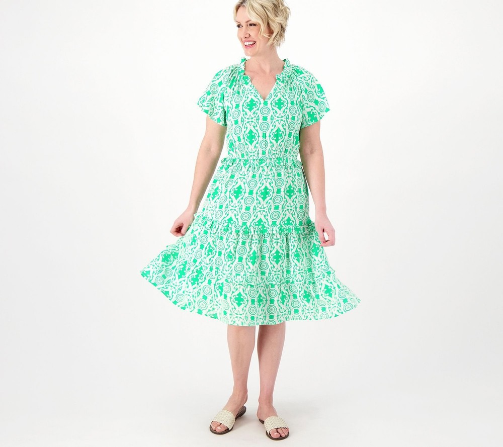 Destination 365 Women's Petite Dress 3XP Printed Flutter-Sleeve Green A599173