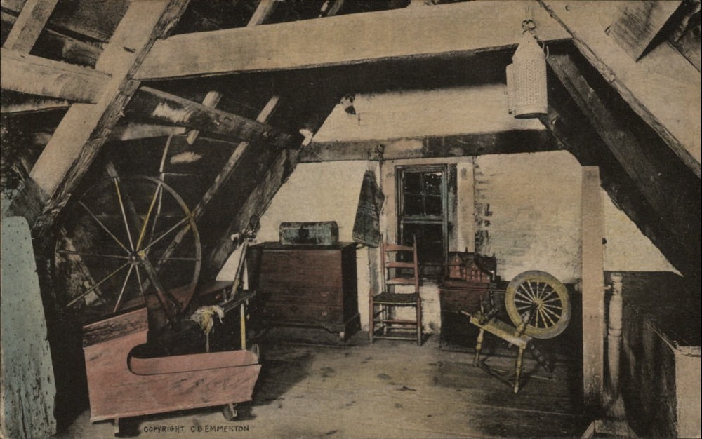 Salem Massachusetts attic House of Seven Gables spinning wheel vintage postcard