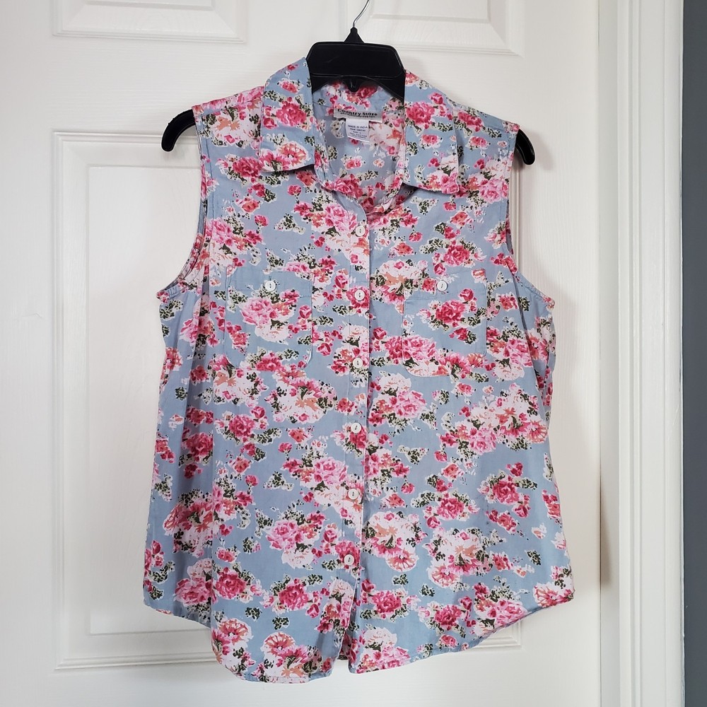 Country Store Vintage Sleeveless Floral Blouse Button-up Collared Linen Blend Lg