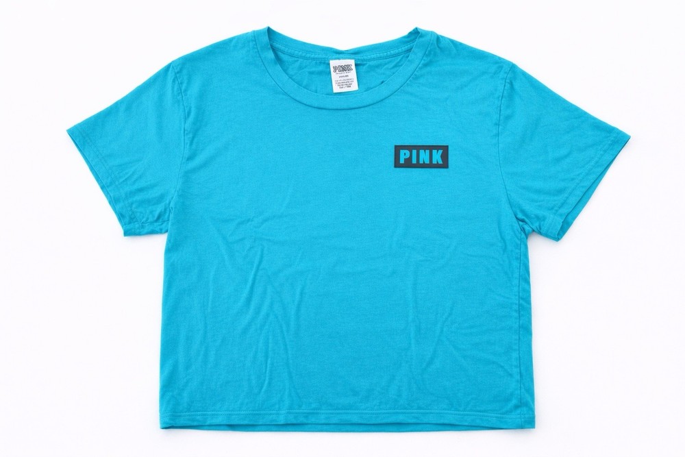 Victoria’s Secret PINK Blue Cropped T-Shirt Logo Graphic Size M