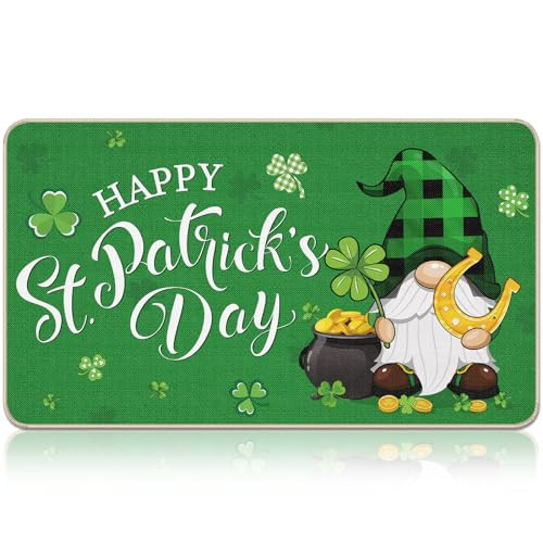 St Patricks Day Doormat 17x29 Inch Linen Rubber Gnome Welcome Mat