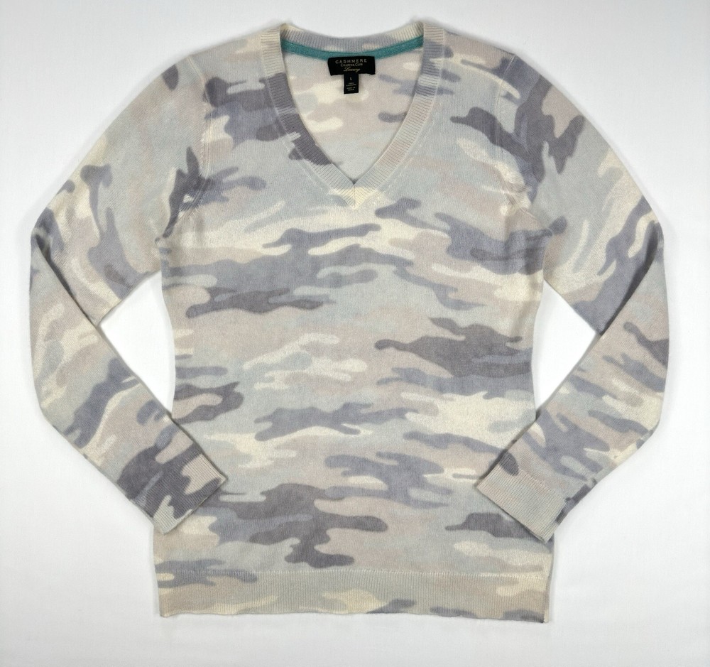 Charter Club Luxury 100% Cashmere Light Grey Camouflage Pullover Vneck Large