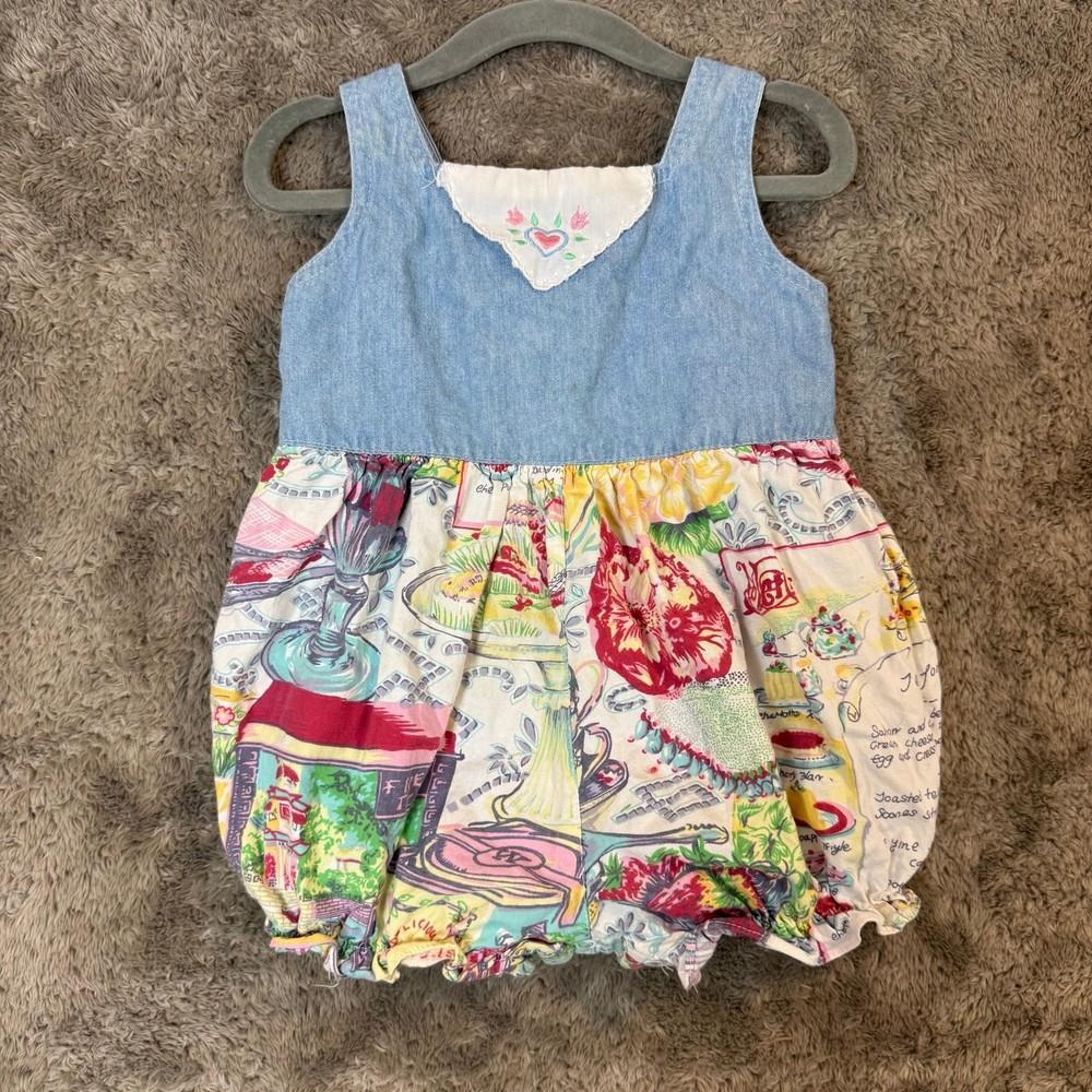 Vintage Cuties Judy Bubble Romper Denim Chambray Buttons Girl 18 Months 80s 90s