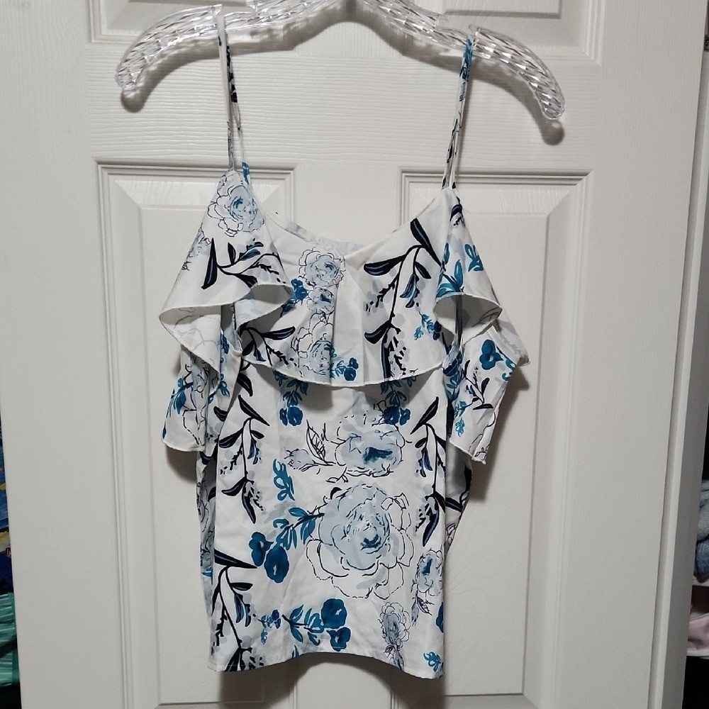 Floral Ruffle White and Blue Women's Top