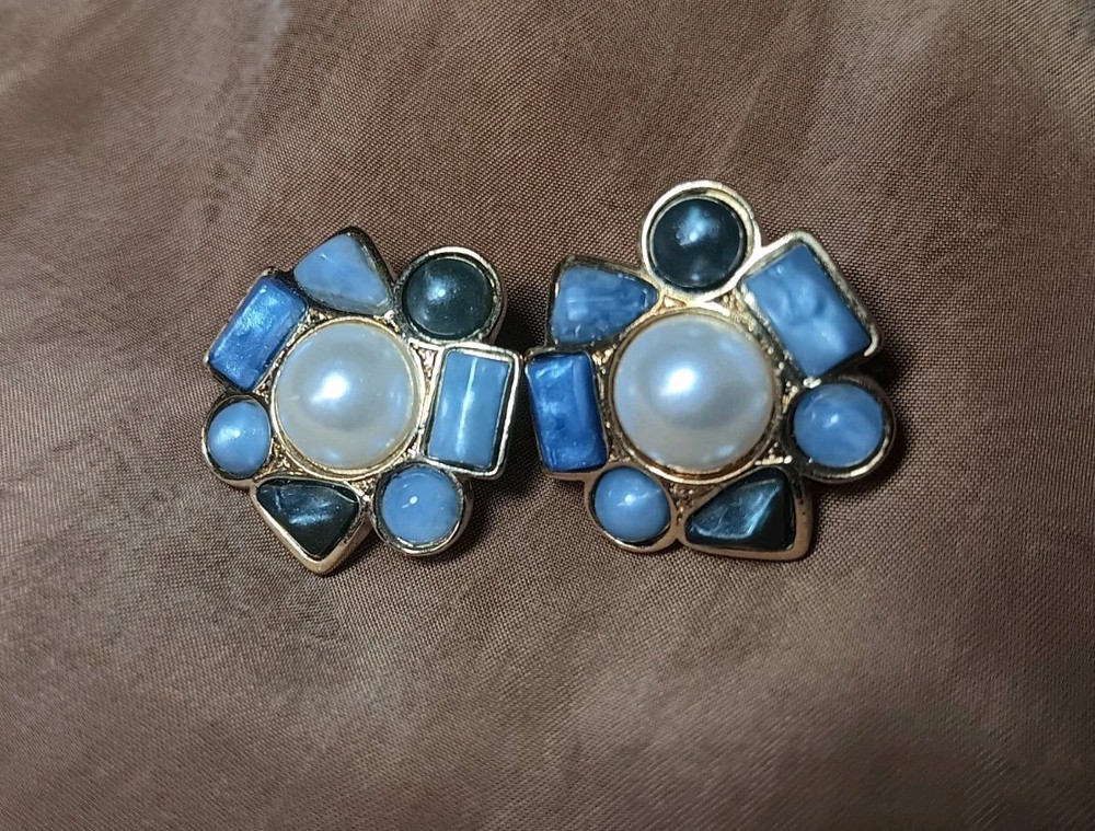 Vtg Luxury Costume Earrings Blue Rhinestone Pearl Cabochon, Avon Goldtone
