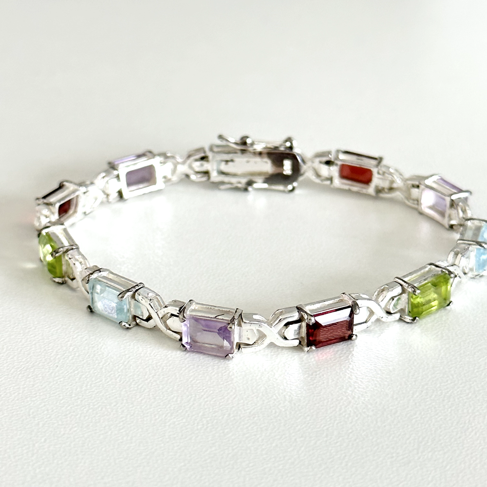 Vintage 925 Sterling Silver Multi Gemstone Emerald Cut Tennis Bracelet 6.75