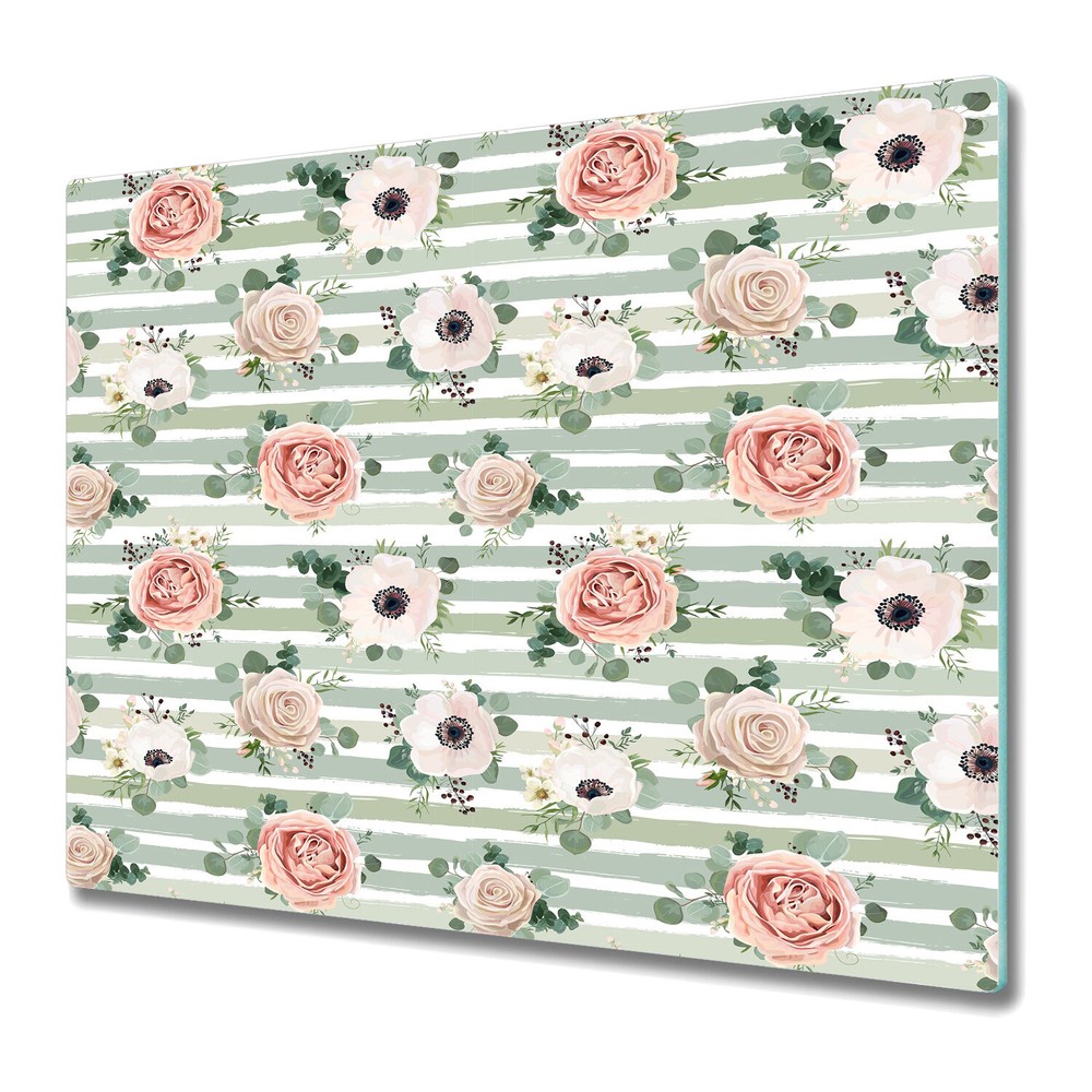 Glass Chopping Board Worktop Saver Striped roses Flowers Leaves 60x52