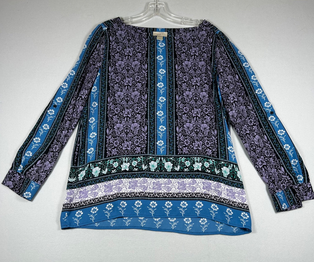 LOFT Outlet Womens Medium Boho Floral Blouse Blue Purple Long Sleeve Peasant Top