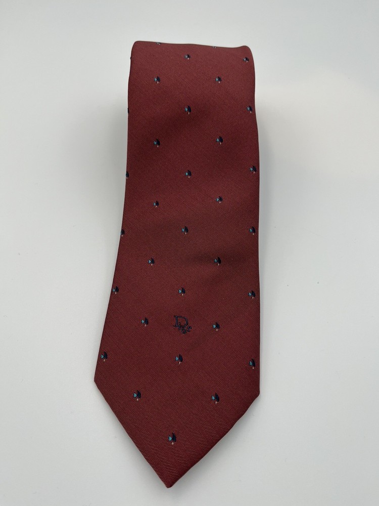 Christian Dior Vintage Mens 3” Tie Necktie Made in USA Maroon Blue Spellout Logo