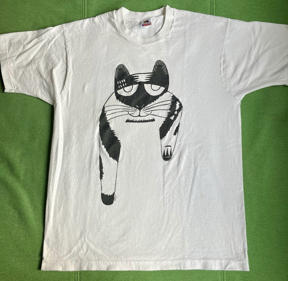 Vtg 90's Single Stitch XL Fruit of the Loom Natco Cat Tshirt  White Unisex