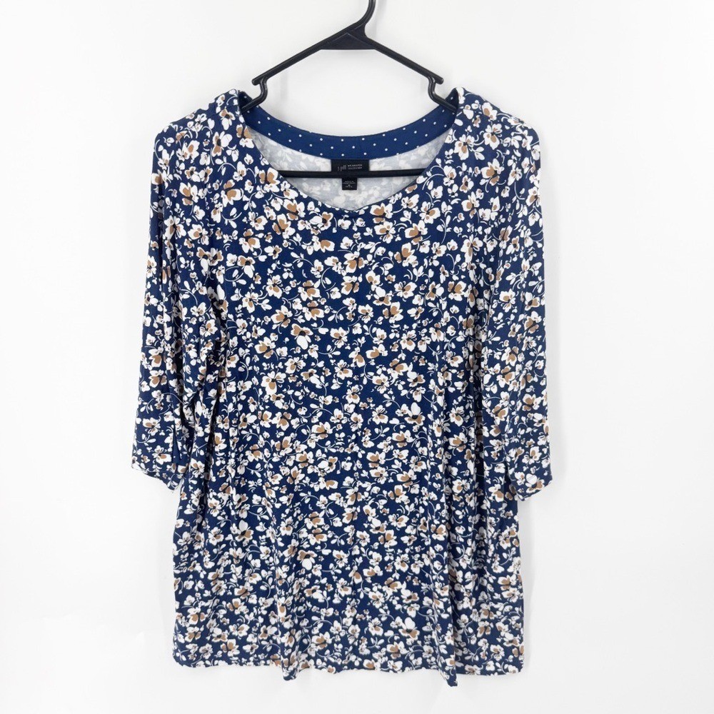 ✅ J. JILL WEAREVER PULLOVER FLORAL 3/4 SLEEVE TOP SIZE MEDIUM PETITE BLUE/TAN