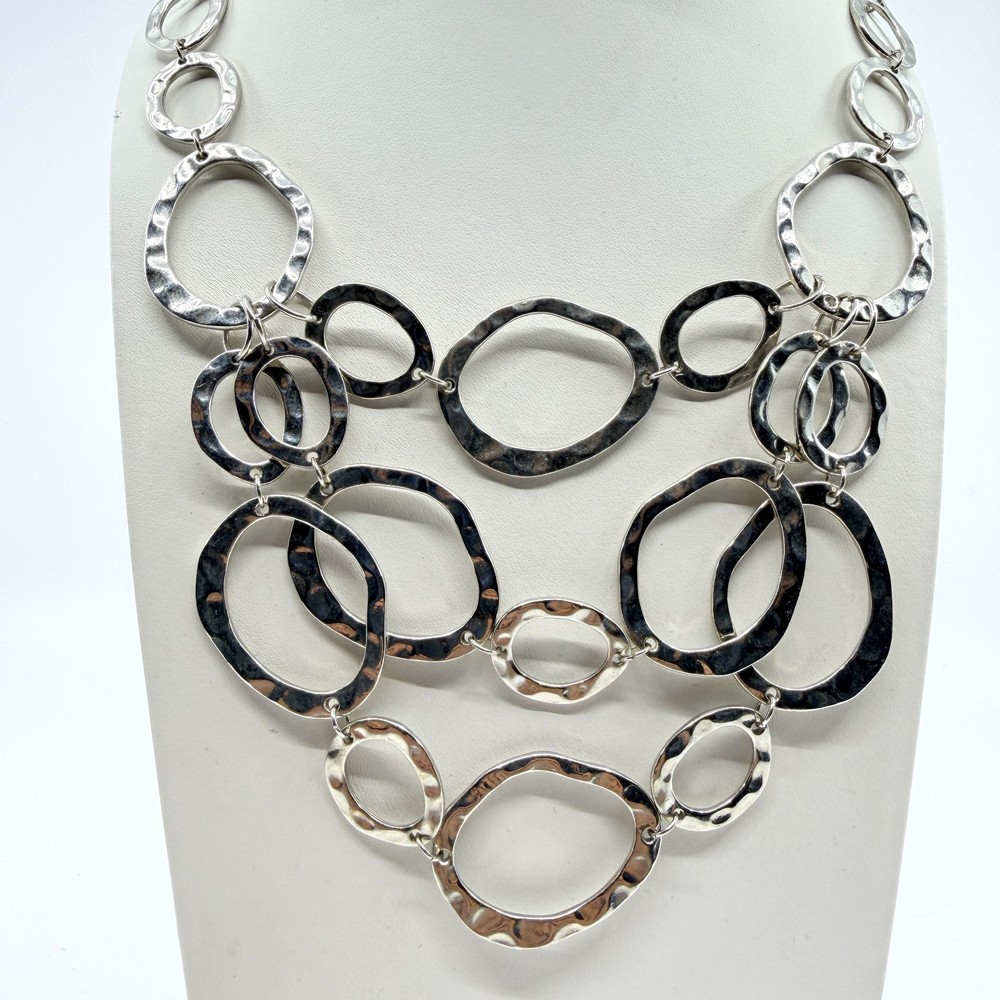 VTG Silver Tone Hammered Multi Strand Bib Necklace Open Ovals Y2K Boho Classic