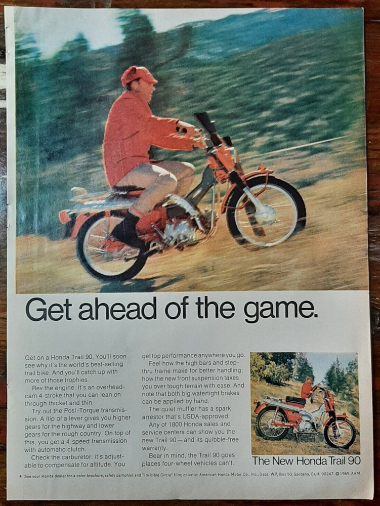 1969 Honda Vintage Print Ad Motorcycle Tail 90 Hunter Gun Mount Mountain Riding